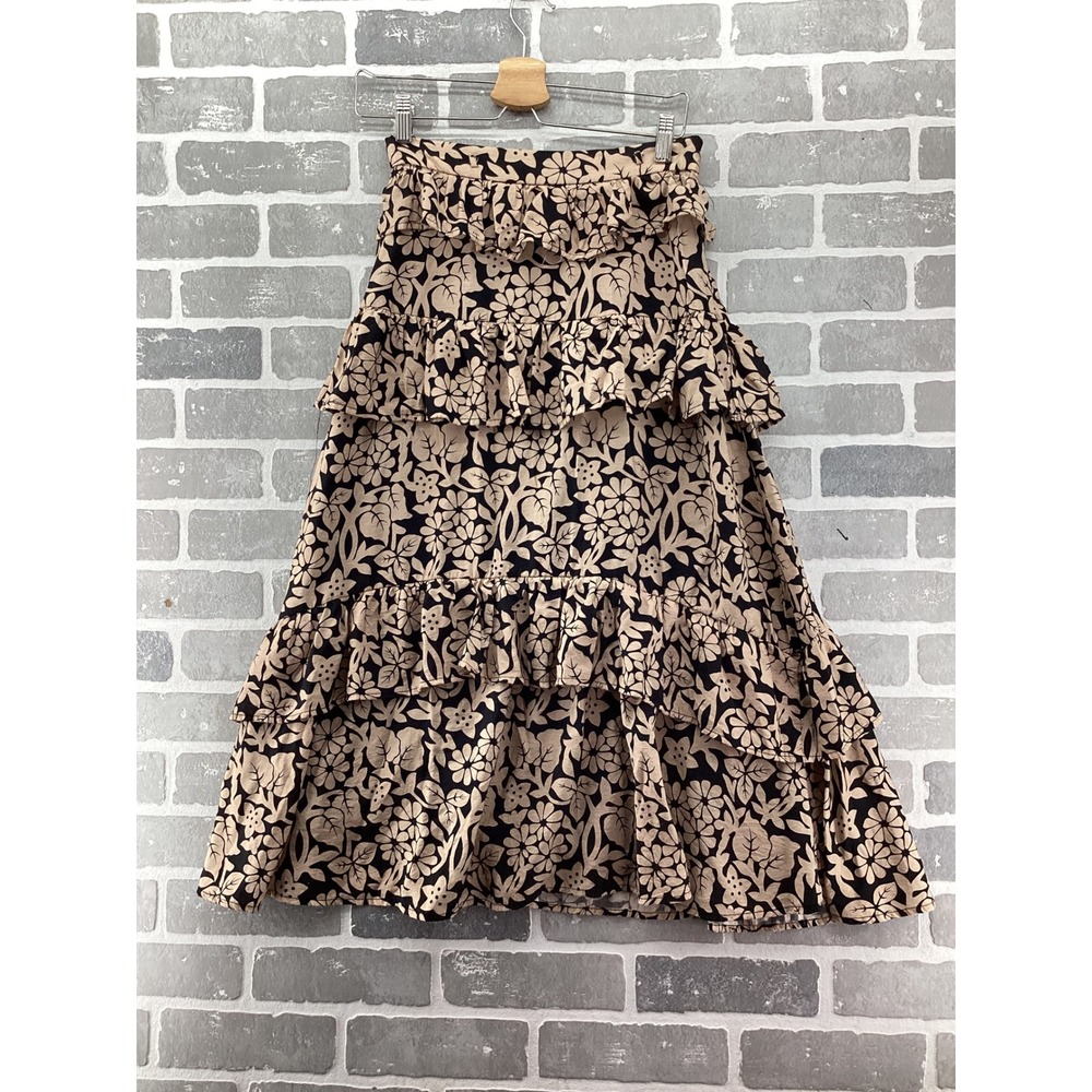 Aureum Floral Tiered Midi Skirt Black Tan Ruffle High Waist Boho AB1516 Small